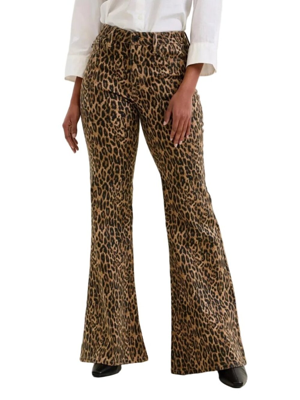 Judy Blue Jacqueline Mid-Rise Slim Fit Wide Flare Leg Denim Leopard Jean Pants - Picture 3 of 10
